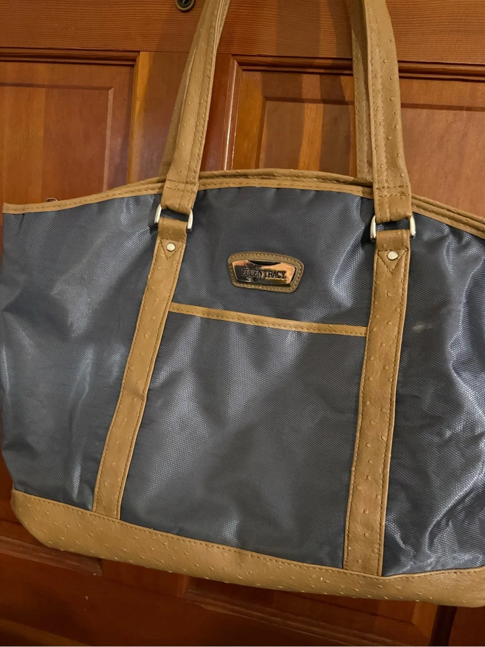 Ellen Tracy Gray Tote with Tan Trim